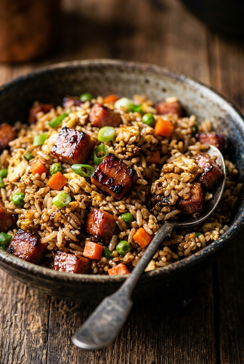 Close-up of ham fried rice being tossed in a hot wok with visible ham cubes, eggs, and colorful vegetables